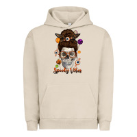Pigment French Oak Spooky Vibes Skull Messy Bun Urban Hoodie - texasbilliewilder