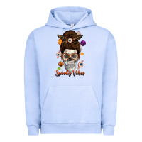 Pigment Grape Ice Spooky Vibes Skull Messy Bun Urban Hoodie - texasbilliewilder
