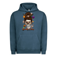 Pigment Midnight Navy Spooky Vibes Skull Messy Bun Urban Hoodie - texasbilliewilder