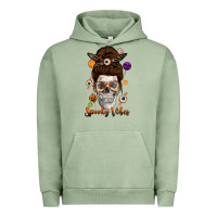 Pigment Oil Green Spooky Vibes Skull Messy Bun Urban Hoodie - texasbilliewilder