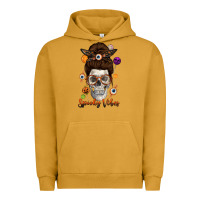 Pigment Peanut Butter Spooky Vibes Skull Messy Bun Urban Hoodie - texasbilliewilder