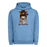 Pigment Pebble Blue Spooky Vibes Skull Messy Bun Urban Hoodie - texasbilliewilder