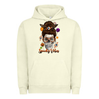 Pigment Pistachio Spooky Vibes Skull Messy Bun Urban Hoodie - texasbilliewilder