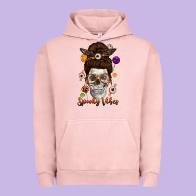 Spooky Vibes Skull Messy Bun Urban Hoodie Designed By Texasbilliewilder
