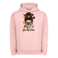Pigment Salmon Spooky Vibes Skull Messy Bun Urban Hoodie - texasbilliewilder