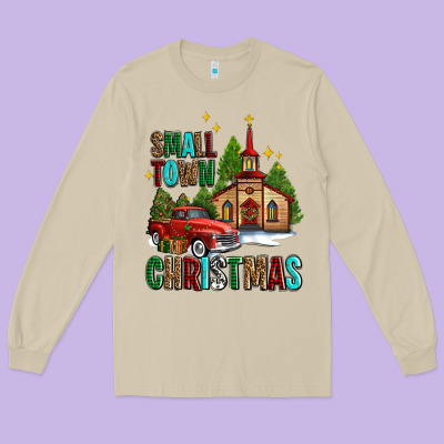 Small Town Christmas Church Western Truck Long Sleeve Tee Designed By Adodesignshop