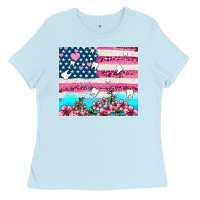 Baby Blue american flag and teeth with flowers Ladies Tee - AdoDesignShop