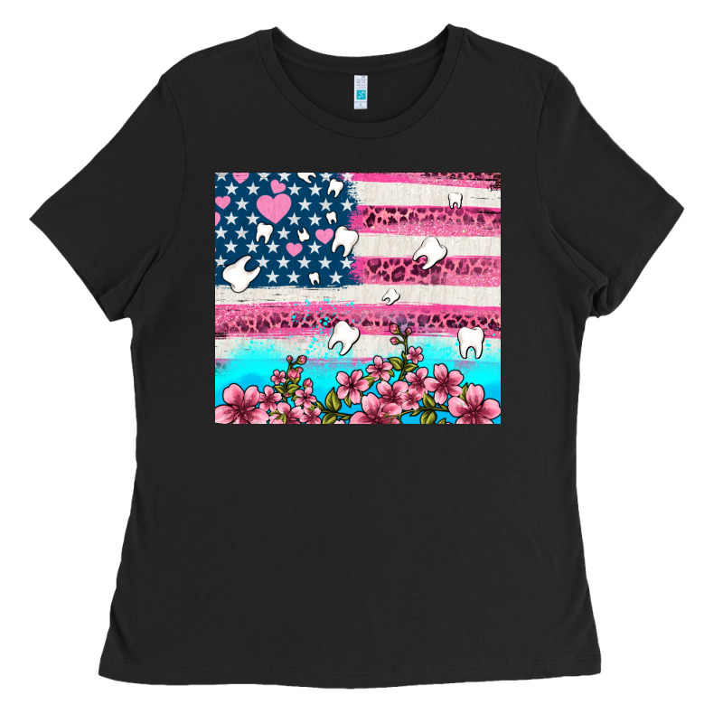 American Flag And Teeth With Flowers Ladies Tee by AdoDesignShop | Teevron