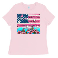 Bubblegum Pink american flag and teeth with flowers Ladies Tee - AdoDesignShop
