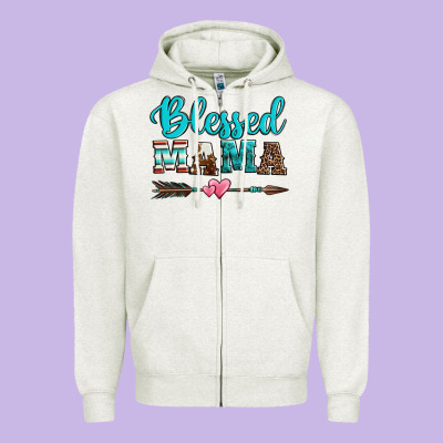 Blessed Mama Serape Cowhide Turquoise Zipper Hoodie Designed By Jasminsmagicworld