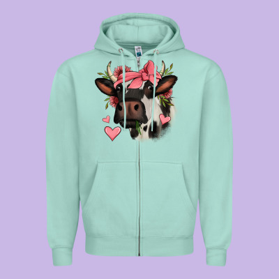 Valentines Day Cow Zipper Hoodie Designed By Jasminsmagicworld