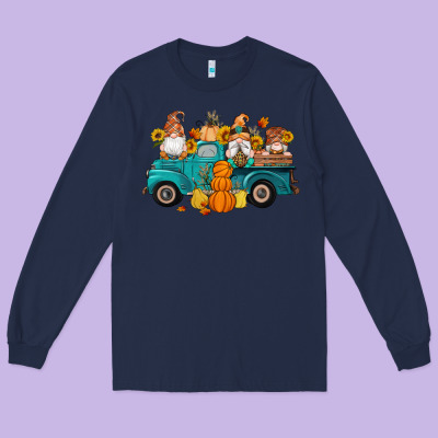 Fall Gnomes Truck Pumpkin Sunflowers Long Sleeve Tee Designed By Artiststas