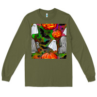 Army Green halloween ghost and headstone seamless pattern Long Sleeve Tee - BundleAndBundleShop