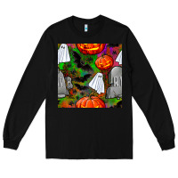 Black halloween ghost and headstone seamless pattern Long Sleeve Tee - BundleAndBundleShop
