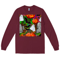 Burgundy halloween ghost and headstone seamless pattern Long Sleeve Tee - BundleAndBundleShop