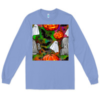Colony Blue halloween ghost and headstone seamless pattern Long Sleeve Tee - BundleAndBundleShop