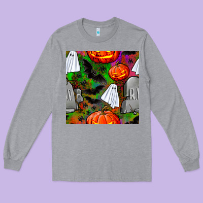 Halloween Ghost And Headstone Seamless Pattern Long Sleeve Tee Designed By Bundleandbundleshop
