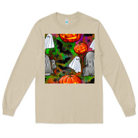 Mushroom halloween ghost and headstone seamless pattern Long Sleeve Tee - BundleAndBundleShop