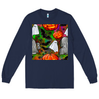 Navy halloween ghost and headstone seamless pattern Long Sleeve Tee - BundleAndBundleShop