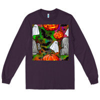 Plum halloween ghost and headstone seamless pattern Long Sleeve Tee - BundleAndBundleShop