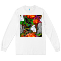 White halloween ghost and headstone seamless pattern Long Sleeve Tee - BundleAndBundleShop