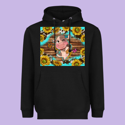 Western Cute Cow With Sunflower Heavyweight Hoodie Designed By Nancycooperartshop