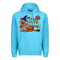 Ocean Blue Happy Halloween With Yorkshire Terrier Dog Premium Hoodie - LillyAllenDesigns