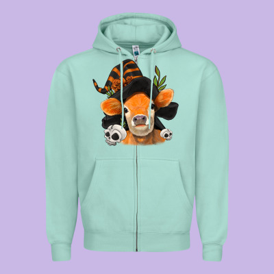 Halloween Witch Cow Zipper Hoodie Designed By Jasminsmagicworld