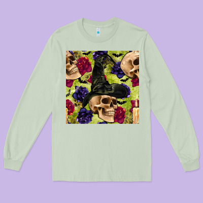 Halloween Witch Skull Seamless Pattern Long Sleeve Tee Designed By Bundleandbundleshop