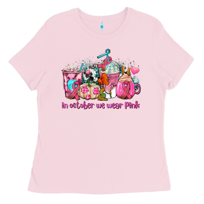 Western Cancer  In October We Wear Pink Coffee Cups With Ribbons Ladies Tee by AdoDesignShop | Teevron