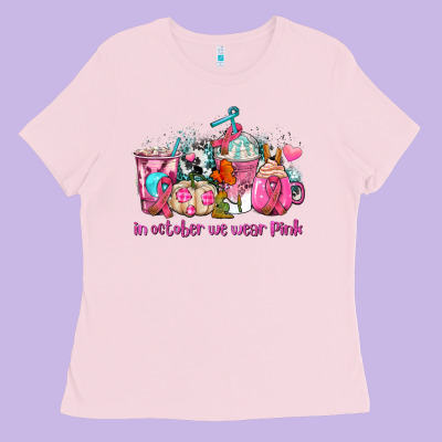 Western Cancer  In October We Wear Pink Coffee Cups With Ribbons Ladies Tee Designed By Adodesignshop