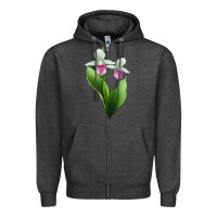 Charcoal Heather Pink And White Lady's Slipper Flower Illustrations Zipper Hoodie - LillyAllenDesigns