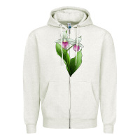 Oatmeal Heather Pink And White Lady's Slipper Flower Illustrations Zipper Hoodie - LillyAllenDesigns
