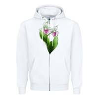 White Pink And White Lady's Slipper Flower Illustrations Zipper Hoodie - LillyAllenDesigns