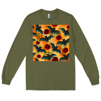 Army Green halloween bat and roses seamless pattern Long Sleeve Tee - BundleAndBundleShop