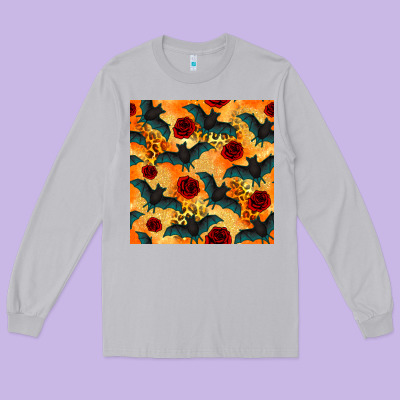 Halloween Bat And Roses Seamless Pattern Long Sleeve Tee Designed By Bundleandbundleshop