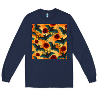 Navy halloween bat and roses seamless pattern Long Sleeve Tee - BundleAndBundleShop