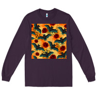 Plum halloween bat and roses seamless pattern Long Sleeve Tee - BundleAndBundleShop