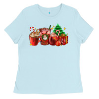 Baby Blue Christmas coffee cups with gift and Christmas tree Ladies Tee - AdoDesignShop