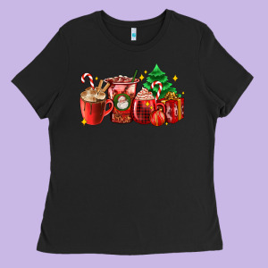 Christmas Coffee Cups With Gift And Christmas Tree Ladies Tee Designed By Adodesignshop