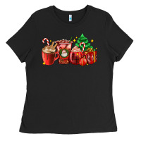 Black Christmas coffee cups with gift and Christmas tree Ladies Tee - AdoDesignShop