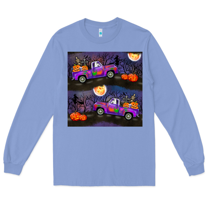 Halloween Spooky Truck Seamless Pattern Long Sleeve Tee by BundleAndBundleShop | Teevron