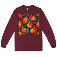 Burgundy halloween pumpkin and candy seamless pattern Long Sleeve Tee - BundleAndBundleShop