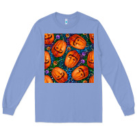 Colony Blue halloween pumpkin and candy seamless pattern Long Sleeve Tee - BundleAndBundleShop