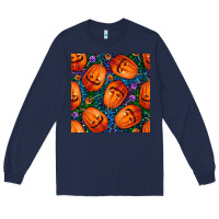 Navy halloween pumpkin and candy seamless pattern Long Sleeve Tee - BundleAndBundleShop