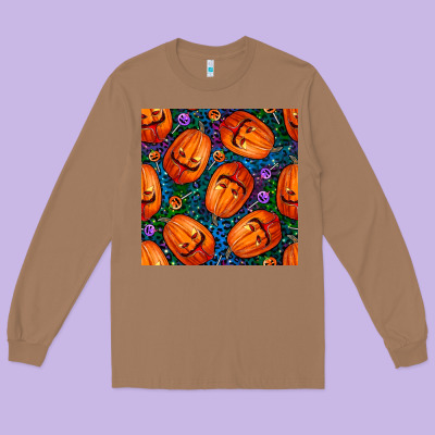 Halloween Pumpkin And Candy Seamless Pattern Long Sleeve Tee Designed By Bundleandbundleshop