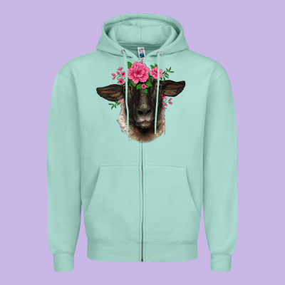 Suffolk Ewe Sheep With Floral Headdress Zipper Hoodie Designed By Barkaloodesign