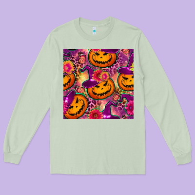 Halloween Witchy Pumpkin Seamless Pattern Long Sleeve Tee Designed By Bundleandbundleshop
