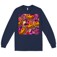Navy halloween witchy pumpkin seamless pattern Long Sleeve Tee - BundleAndBundleShop