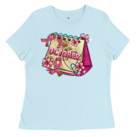 Baby Blue pink cancer ribbon and october calendar Ladies Tee - AdoDesignShop